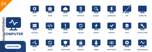 Computer icon. Including cloud, chip, error, backup, performance, AI. Solid vector icons collection.