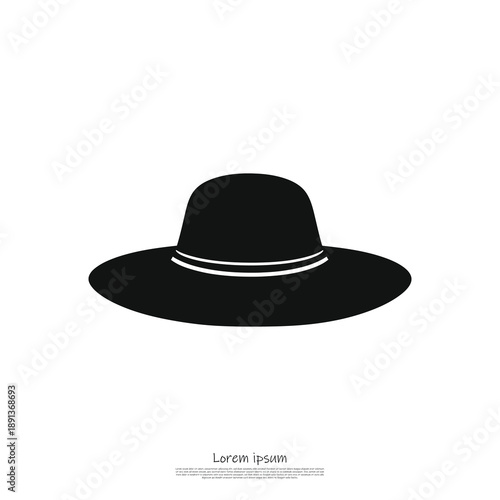 A black wide brimmed hat with a thin white band around the crown on white background
