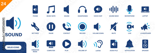 Sound icon. Includes volume, mute, vibration mode, music, speaker, lisen. Solid vector icons collection.