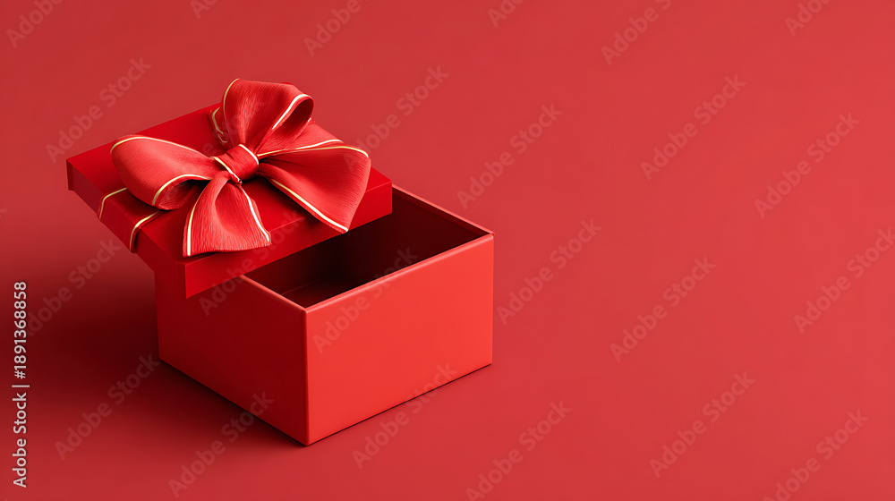 Obraz premium Minimalistic red gift box with a bow on a vibrant red background, perfect for celebrations, holidays, and special occasions. 