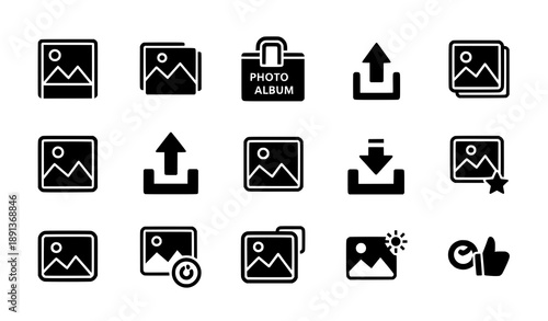 Photo album gallery flat vector icon set with upload download like and edit symbols