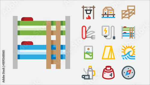 Summer camp and outdoor activities icons set