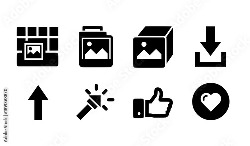 Bold photo gallery UI icon vector set with image upload download and like symbols