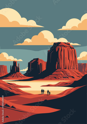 Monument Valley desert landscape vector illustration with iconic sandstone buttes and a clear blue sky with clouds