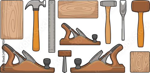 *Woodworking Tools Icon Set – Planes, Chisels, Mallets, and Wood Pieces