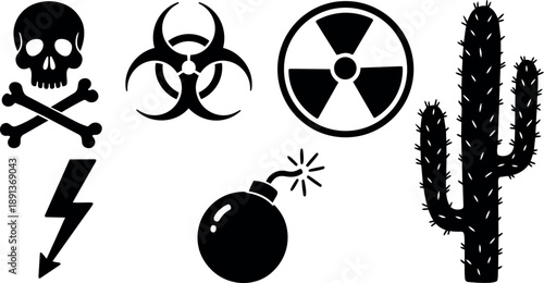 Minimalist flat design collection of hazard symbols including skull crossbones, biohazard, radiation, lightning bolt, bomb and cactus silhouette