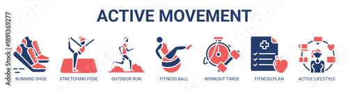 Active Movement web banner icon vector illustration concept with icon of running shoe, stretching pose, outdoor run, fitness ball, workout timer, fitness plan, and active lifestyle.