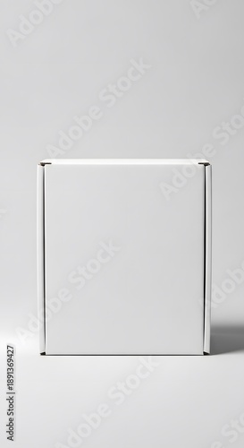 White cardboard box packaging mockup, front view, soft shadow, clean background. Suit to put your brand name on it
