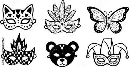 Hand drawn black and white whimsical costume masks including cat, feathered, butterfly, checkerboard, bear and jester face close up collection