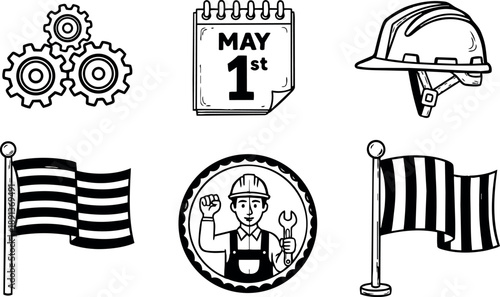 Hand drawn style labor day icon set with worker holding wrench flag calendar gear and helmet vector illustration
