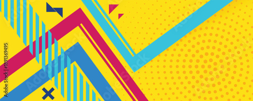 Headline presentation abstract yellow. Vector abstract background texture design, bright poster, banner yellow background, pink and blue stripes and shapes. Hipster modern geometric abstract.