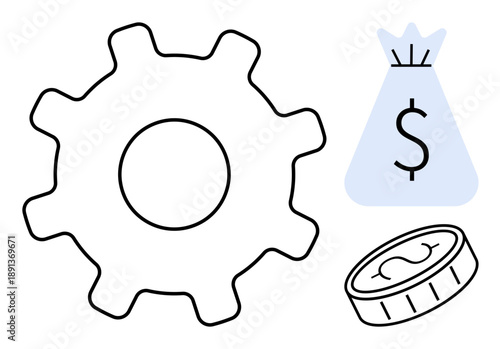 Gear with coin and dollar bag highlights business strategy, economic growth, finance management, profitability, cost efficiency, monetary policy, and operational workflow. Ideal for fintech, business