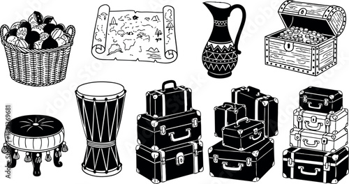Vintage hand drawn travel chest basket map jug drum stool luggage stacked suitcases illustration set