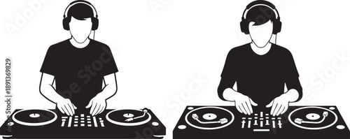 Black Silhouette of Two DJs with Headphones and Turntables on White Background, Vector