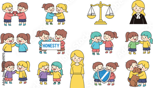 Kids moral values and ethics characters set showing honesty kindness justice and friendship vector illustration