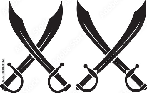 Black Silhouette of Two Crossed Scimitars on White Background, Vector Illustration