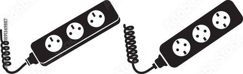 Black Silhouette of Two Power Strip Extension Cords on White Background, Vector