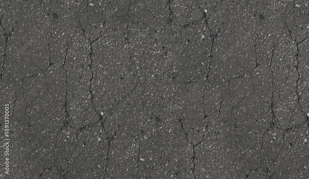 Obraz premium Detailed shot of dark gray, worn asphalt pavement. Rough texture from aggregate particles is visible, alongside numerous fine, irregular cracks