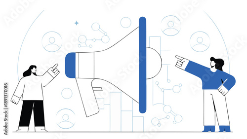 Two marketers stand beside a large megaphone with blue accents pointing and discussing marketing strategy in a modern minimalist flat vector illustration