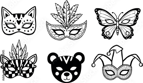 Black and white whimsical flat design animal and jester masks including butterfly, cat, bear, and feathered carnival mask icons