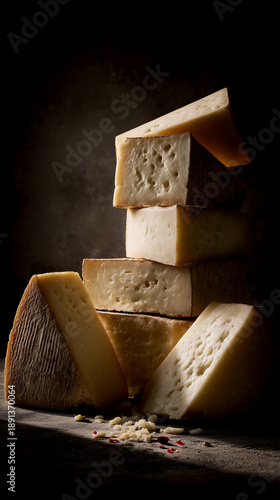 Dark moody editorial food photography of cheese with dramatic low key lighting and rich textured surface