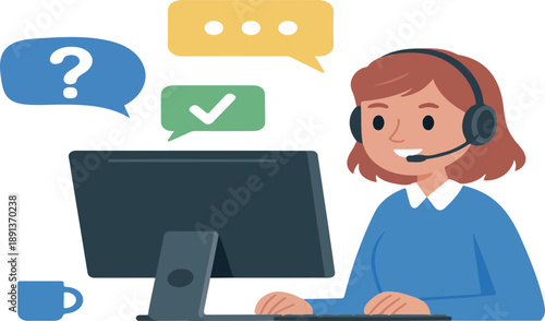 *Customer Service Vector Illustration – Representative on Computer with Speech