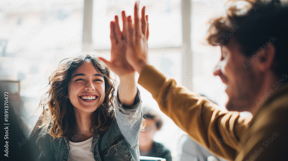 Obraz premium A high-quality lifestyle photo of two happy young startup employees giving a high five during a meeting, celebrating success and teamwork in a bright, modern office environment.
