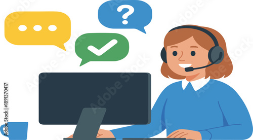 *Customer Service Vector Illustration – Representative on Computer with Speech