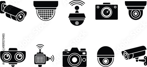 Vector set of ten black silhouette icons representing security surveillance cctv cameras video recording technology and digital photography equipment symbols isolated on white background.
