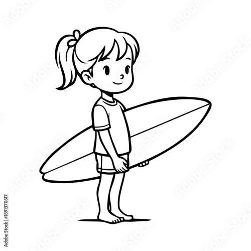 Dibujo con líneas de niña de pie con tabla de surf