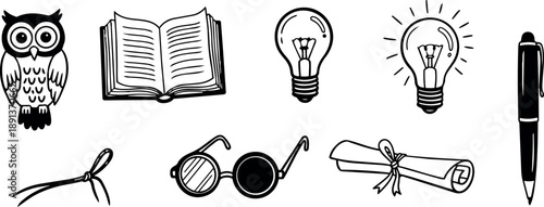 Hand drawn vector icons of educational symbols including owl book lightbulb glasses diploma and pen in monochrome style