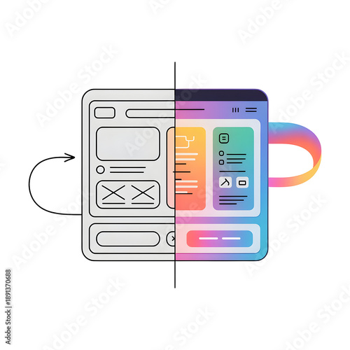 Website Wireframe to UI Design Split Screen Transition Isolated on transparent background