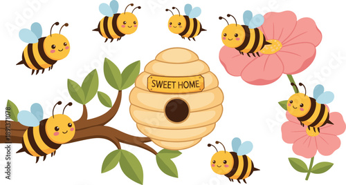 Cute bees flying around beehive and flowers sweet home honey nature vector illustration