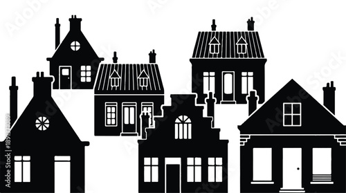 black and white silhouette of several houses with chimneys and windows  residential neighborhood transparent background.