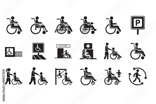 Wheelchair Accessibility Icon Set – Disability Support and Handicap Services Vector Silhouettes