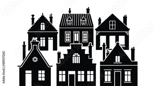 blackandwhite silhouette of various house styles transparent background.