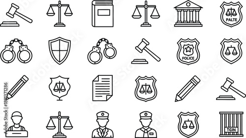 Law icons set legal symbols justice signs and scales