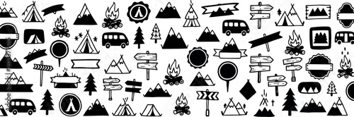 Hand drawn camping and hiking icons with tents bonfires mountains travel signs and forest elements seamless pattern background