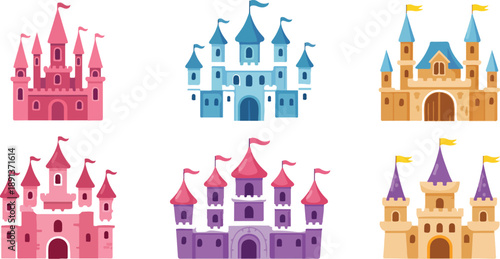 Fantasy Castle Icons Set – Colorful Medieval Fortresses for Fairy Tale Games