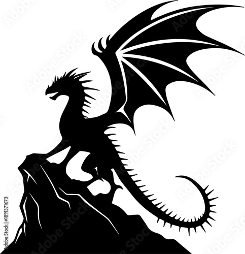 Dragon on Mountain Fantasy Silhouette Vector Illustration