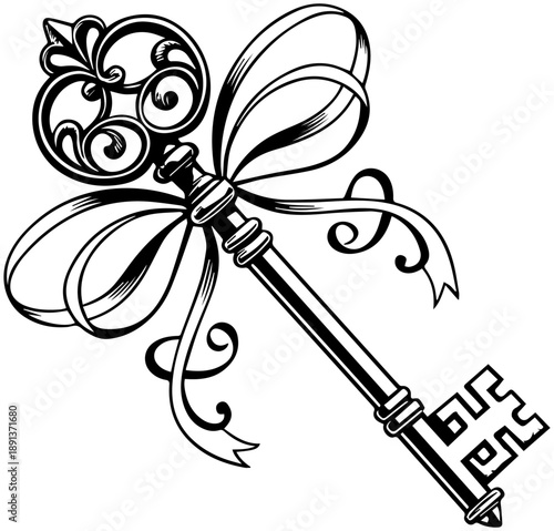 Decorative Key with Bow Vintage Silhouette Vector Illustration
