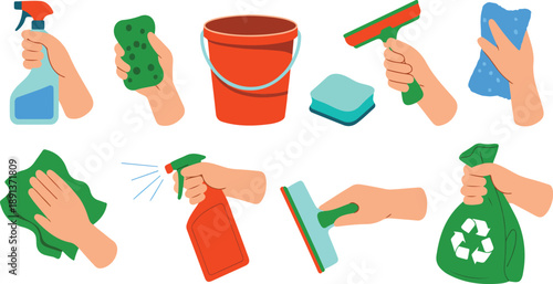Household Cleaning Hands Vector Set – Tools, Sprays, and Hygiene Equipment
