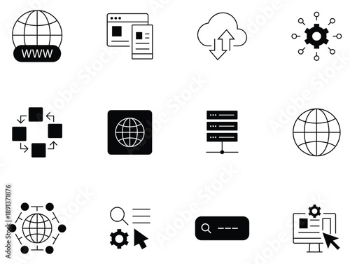 Collation of website line icons. Containing internet, content, cursor, pointer, SEO, hosting, touchpad, server, and more. Communication contact information icon. Vector illustration.
