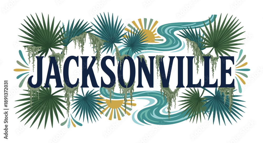 Obraz premium Jacksonville city text with palm leaves and moss vector illustration