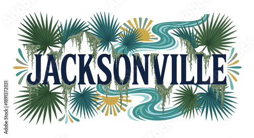 Jacksonville city text with palm leaves and moss vector illustration