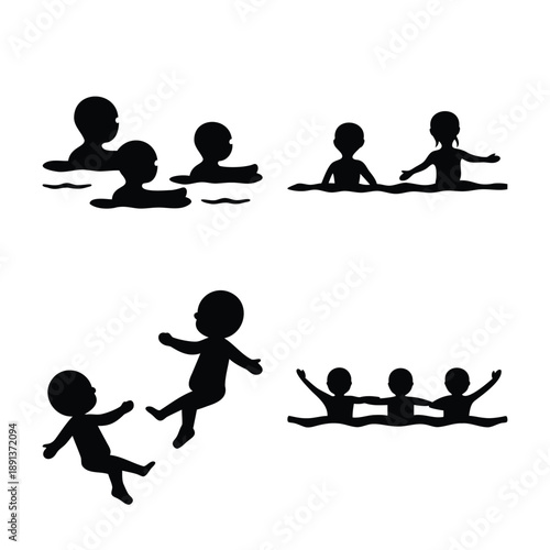 Silhouettes of active children engaging in playful water activities and displaying flexible poses