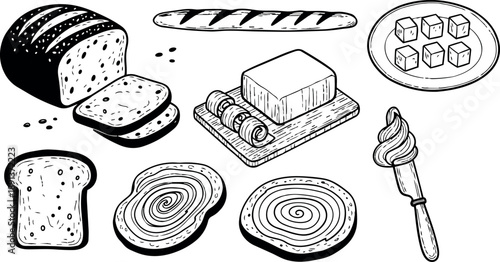 Black and white line art vintage style sliced bread butter and swirl rolls with spread knife and sugar cubes