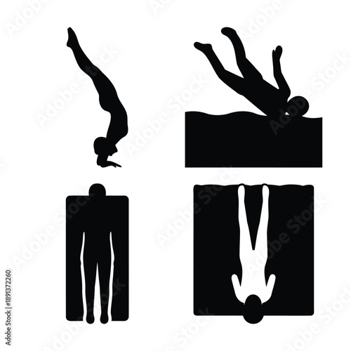 Diverse black silhouettes illustrating various diving and submerged human figures in water