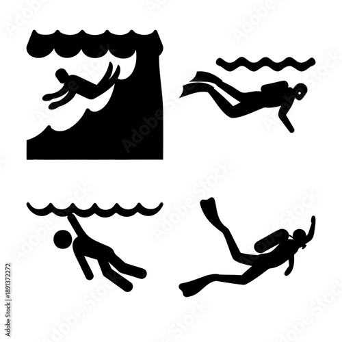 Various water sports and underwater activities, including swimming, snorkeling, and scuba diving