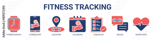 Fitness Tracking web banner icon vector illustration concept with icon of fitness watch, fitness app, location, calendar, checklist, advice, and heart rate.